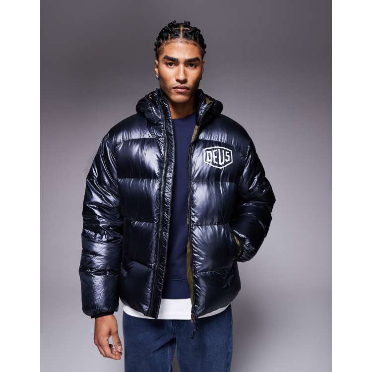 Deus Ex Machina shield hooded puffer jacket in black | ASOS