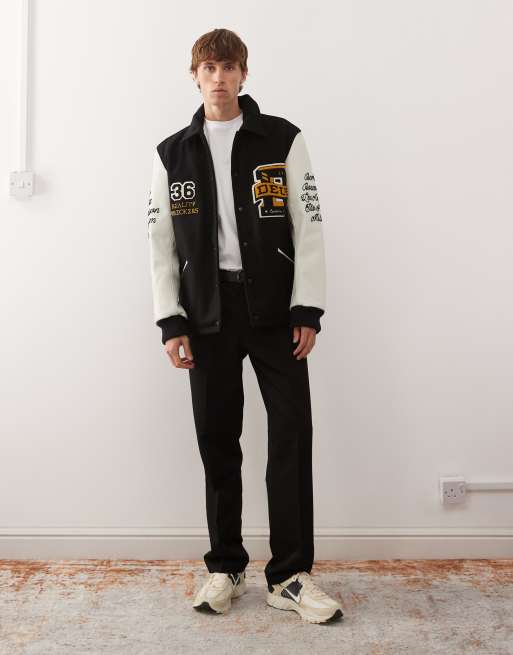 Deus Ex Machina sourmug varsity coach jacket in black and white with embroided patches, 2 of 5