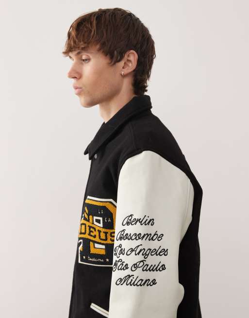 Deus Ex Machina sourmug varsity coach jacket in black and white with embroided patches, 4 of 5