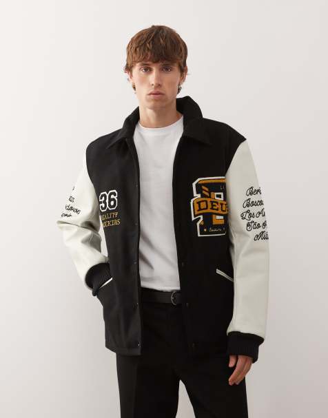 Deus Ex Machina Sourmug varsity coach jacket in black and white with embroidered patches - view 1