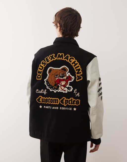 Deus Ex Machina Sourmug varsity coach jacket in black and white with embroidered patches, 3 of 5