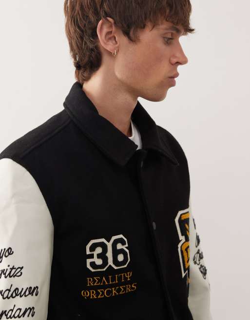 Deus Ex Machina Sourmug varsity coach jacket in black and white with embroidered patches, 5 of 5