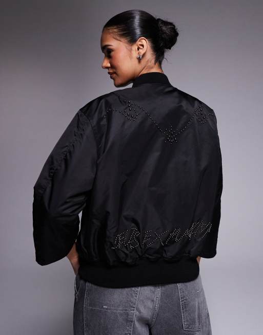 Deus Ex Machina sunset bomber jacket in black with studding and 3/4 length sleeves, 4 of 4