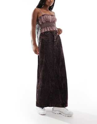Deus Ex Machina X Asos Exclusive Acid Wash Denim Maxi Skirt In Brown