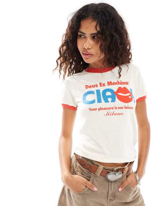 Deus Ex Machina X ASOS - Exclusives - Baby T-shirt met gekleurde randjes en 'Ciao'-print in wit