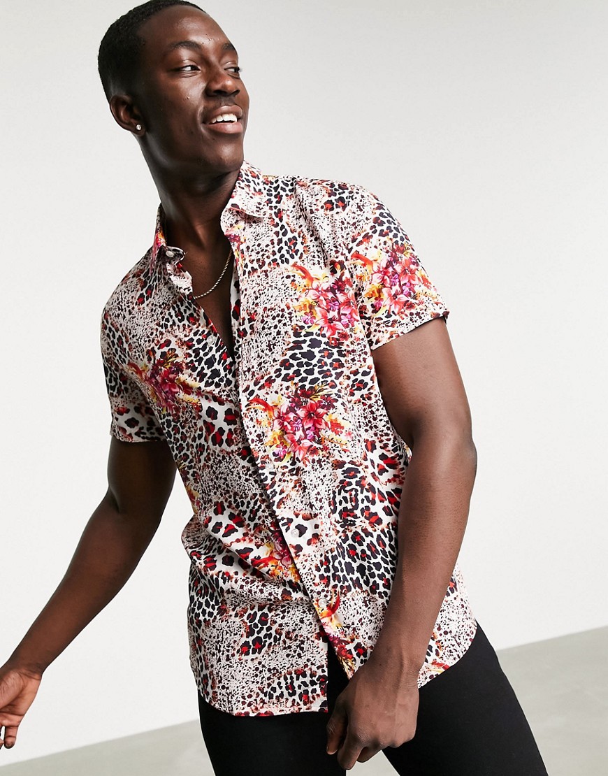 Devils Adovcate oversize leopard print floral short sleeve shirt-Multi