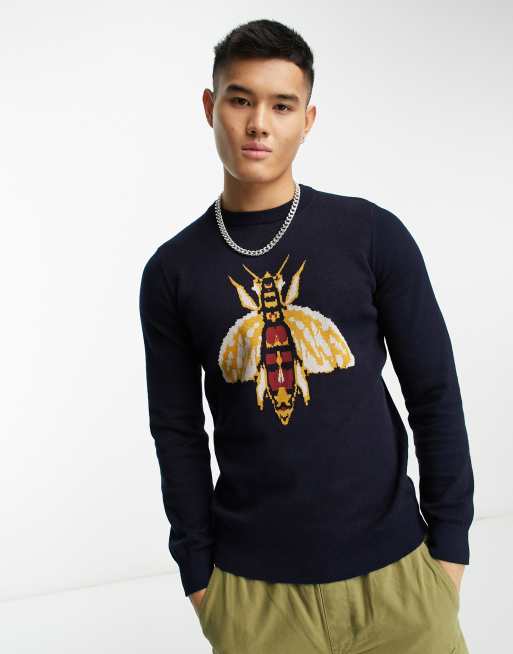 Devil s Advocate bee print crew neck jumper in navy ASOS