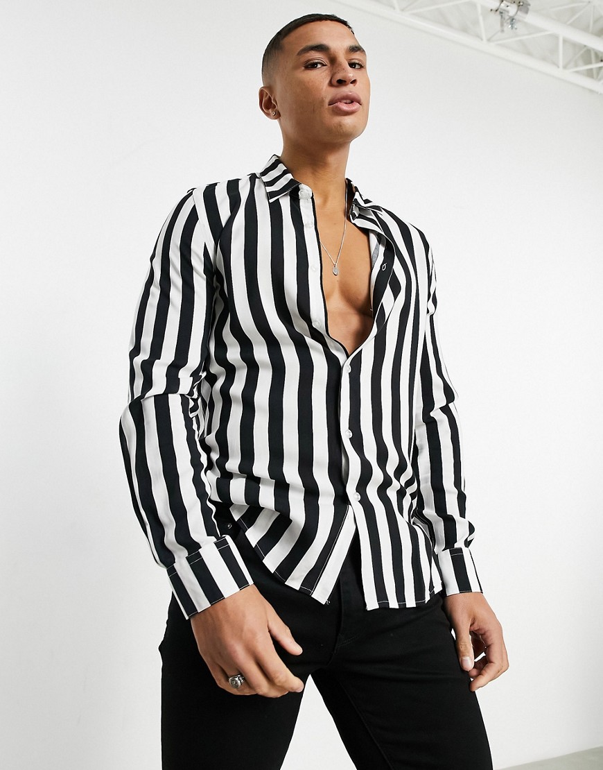 Devils Advocate black and white stripe viscose shirt