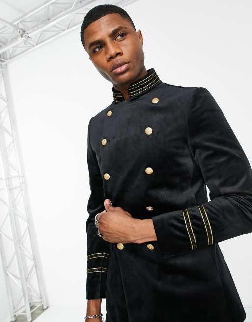 Devils Advocate - Blazer skinny doppiopetto stile militare con collo a imbuto in velluto