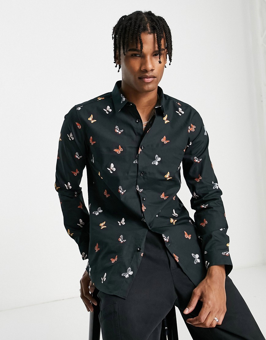 Devils Advocate butterfly print classic collar shirt in black