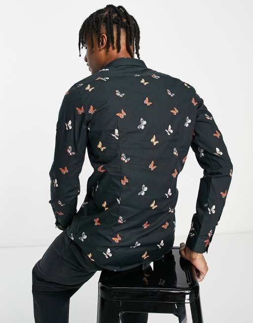 Devil's Advocate butterfly print classic collar shirt in black, 2 of 4