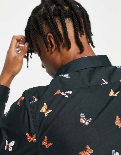 Devil's Advocate butterfly print classic collar shirt in black, 4 of 4