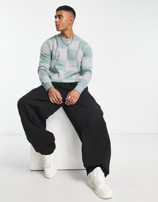 Devil's Advocate checkerboard crew neck jumper in blue and grey, 4 of 4