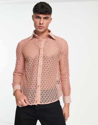 Devil's Advocate wide collar lace shirt in dusty pink - ASOS Price Checker