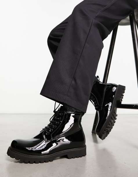 Devils Advocate chunky patent leather lace up boots in black - view 1