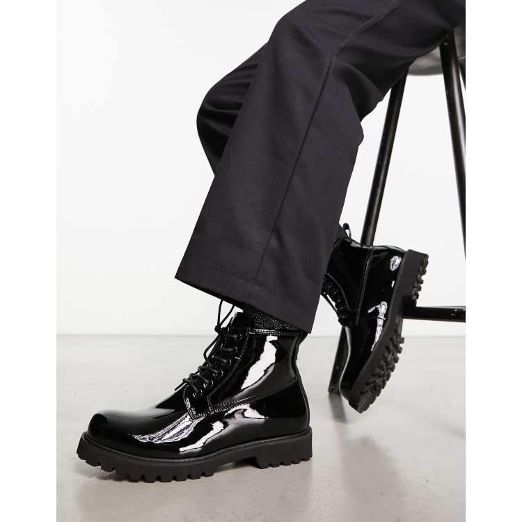 Devils Advocate chunky patent leather lace up boots in black