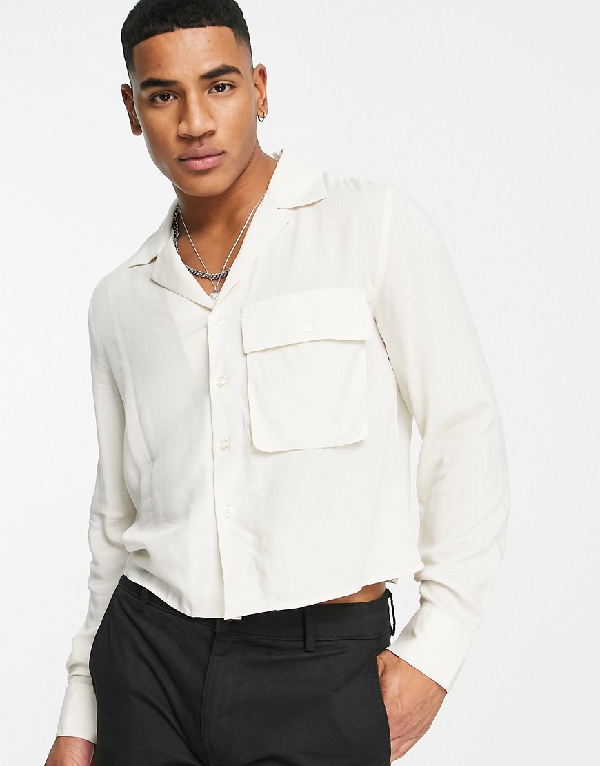 Devils Advocate cropped boxy shirt with large pockets in white