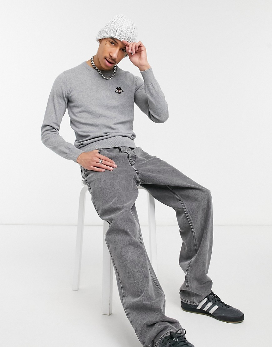 Devils Advocate embroidered bee fitted crew neck jumper-Grey
