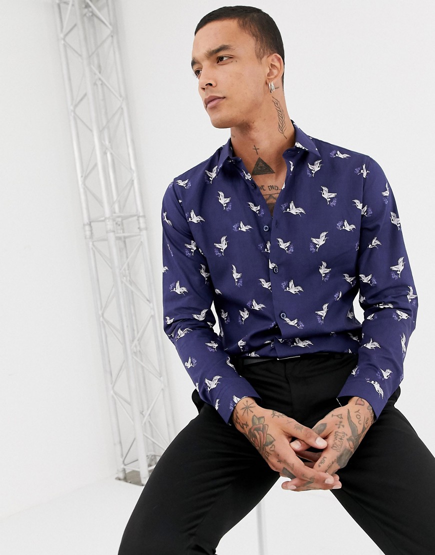 Devils Advocate – Fågelmönstrad skjorta med smal passform-Marinblå
