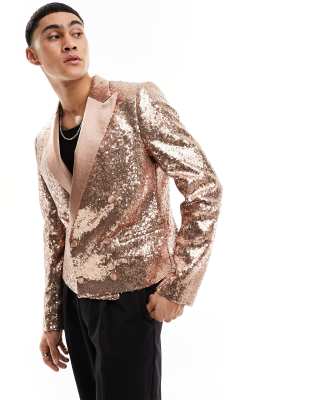 Devils Advocate gold sequin cropped slim double breast suit jacket-Neutral