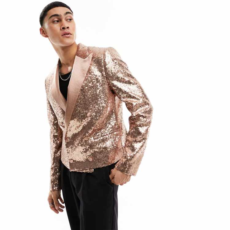 Devils Advocate gold sequin cropped slim double breast suit jacket ASOS