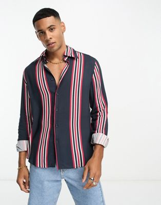 Devils Advocate Large Collar Long Sleeve Shirt In Red And Navy Stripe