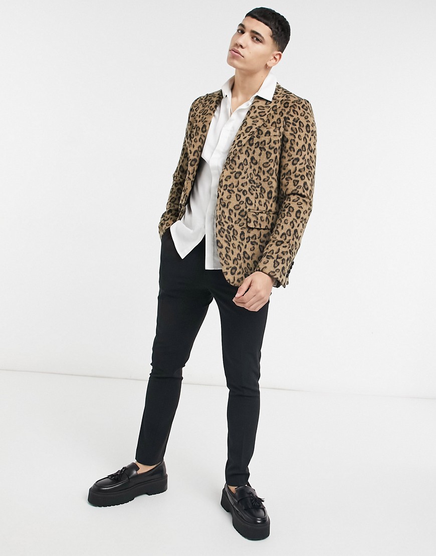 Devils Advocate leopard print fur skinny fit blazer-Brown