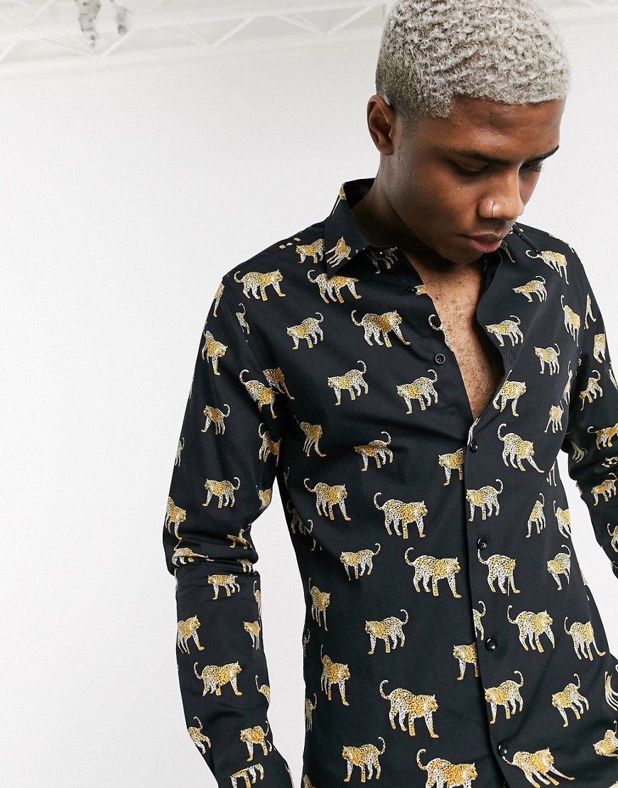 Devils Advocate leopard print slim fit cotton long sleeve shirt-Black