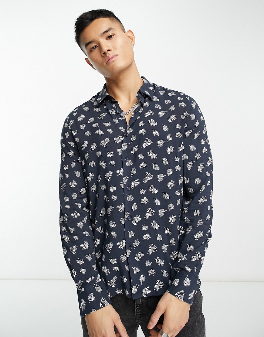 Devils Advocate long sleeve feather print shirt in navy
