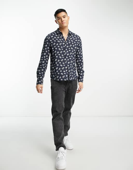 Devil's Advocate long sleeve feather print shirt in navy, 2 of 4