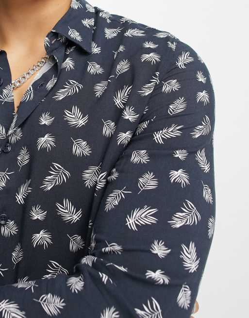 Devil's Advocate long sleeve feather print shirt in navy, 4 of 4