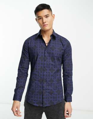 long sleeve geo print shirt in navy