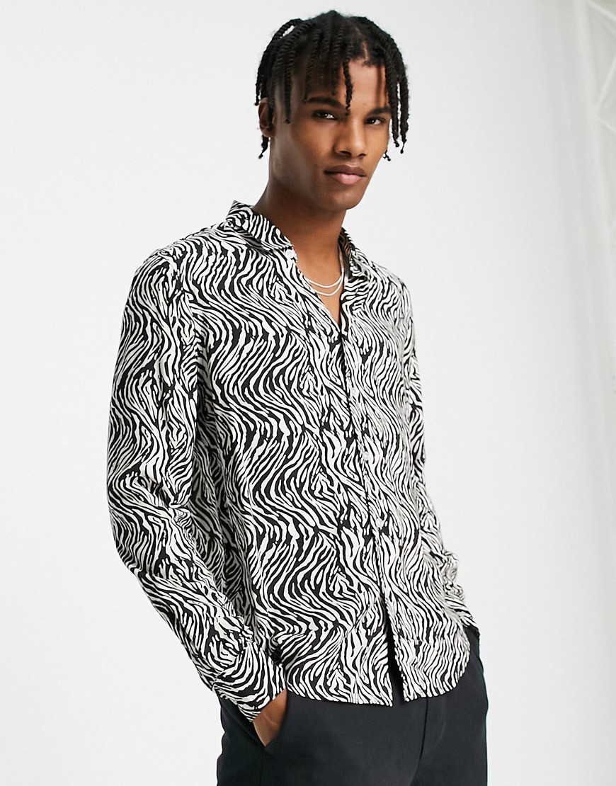Devils Advocate Devil's Advocate long sleeve oversized viscose shirt in zebra print-Multi