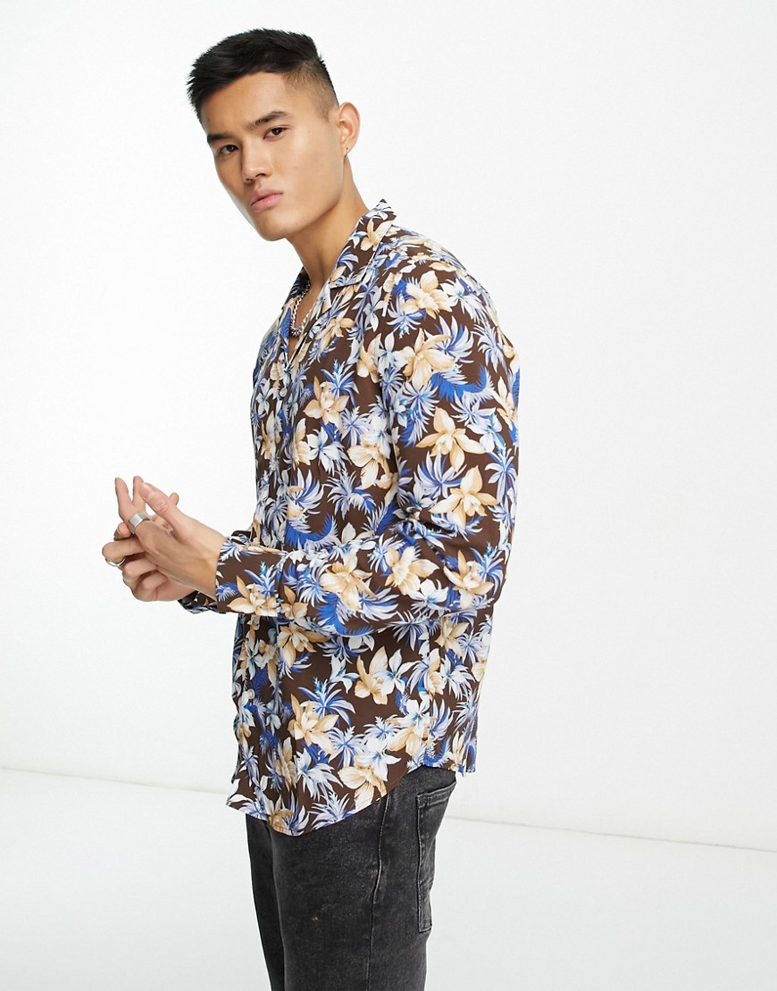 Devils Advocate long sleeve revere collar shirt in blue floral