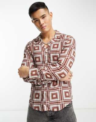 Devils Advocate long sleeve revere collar shirt in geo print brown