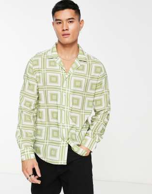 Devils Advocate long sleeve revere collar shirt in geo print in green