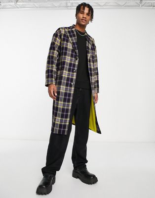 Devils Advocate longline checked coat in purple and yellow
