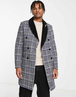 Devils Advocate longline checked coat with fur collar in gray multi