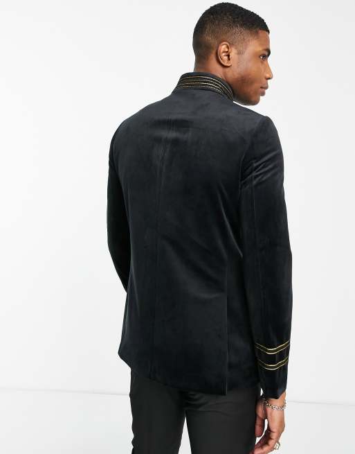 Devils Advocate military funnel neck double breasted velvet skinny fit  blazer