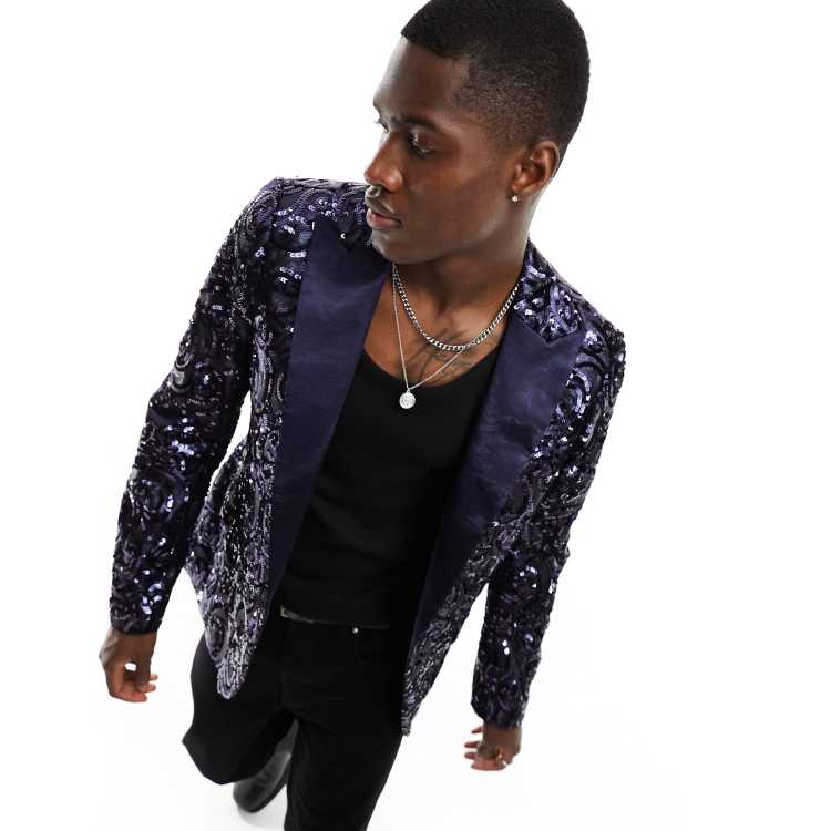 Devils Advocate navy swirl pattern slim suit jacket | ASOS
