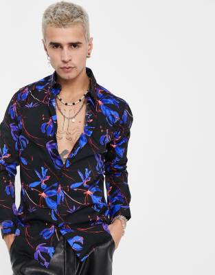 Devils Advocate Slim Fit Long Sleeve Floral Shirt in Black and White