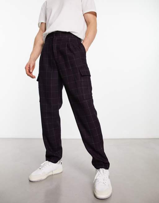 Devil's Advocate oversized checked cargo pants in burgundy