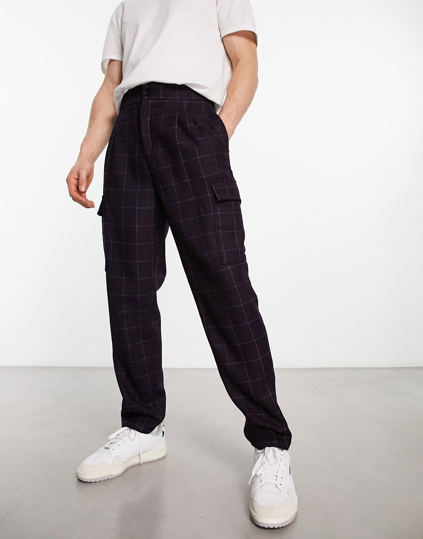 Devils Advocate oversized checked cargo trouser in burgundy-Red