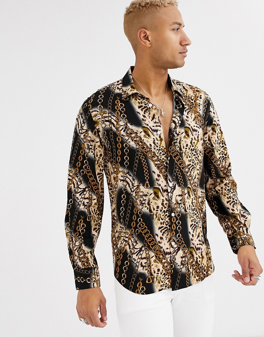 Devils Advocate – oversized viskoseskjorte med lange ærmer og leopard- og kædeprint-Brun