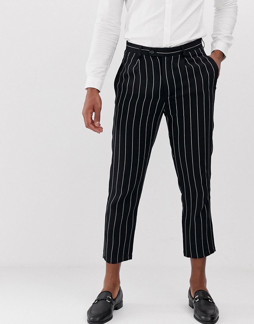 Devils Advocate - Pantaloni cropped slim in lino gessato con pinces-Navy