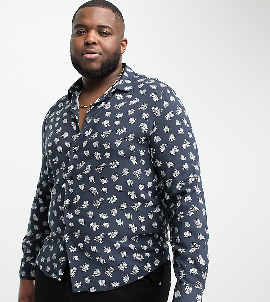 Shop Devils Advocate Plus Long Sleeve Feather Print Shirt In Navy