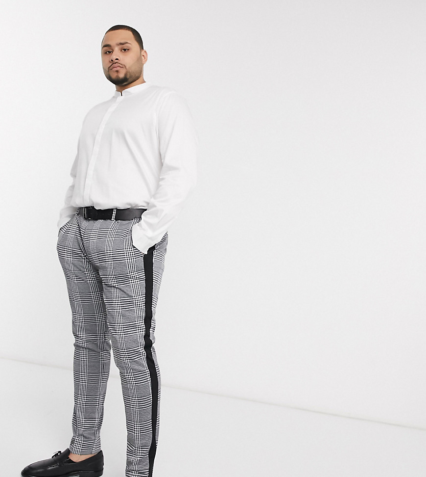 Devils Advocate Plus skinny black and white check side stripe trousers