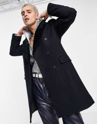 Devils Advocate Devils Advocate premium wool blend double breasted removable faux fur over coat - NAVY-Black