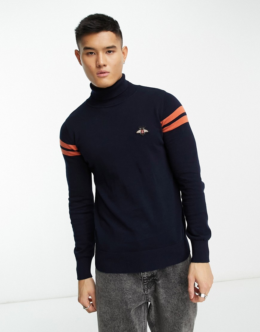 Devils Advocate roll neck jumper with bee print in navy