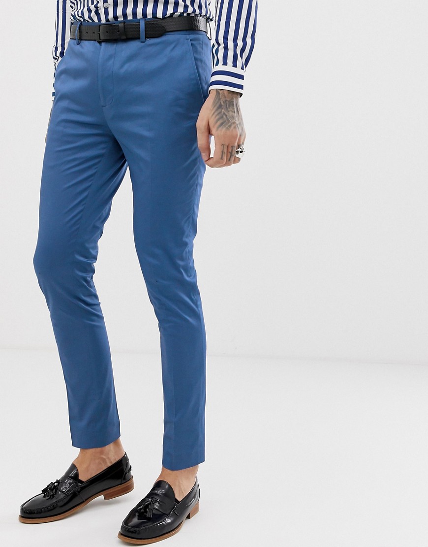 Devils Advocate s- Pantaloni da abito super skinny elasticizzati in rasatello di cotone tinta unita-Blu
